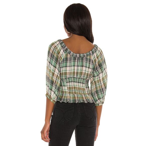 FREE PEOPLE Teagan Blouse With Volume Sleeve In Plaid-Blues Sz Medium - Picture 3 of 7